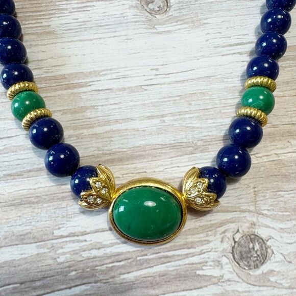 Vintage Avon Blue Green Gold Bead Necklace Rhinestone & Cabochon Center 20" - Picture 1 of 10